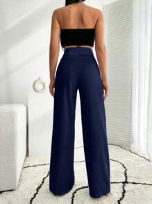 EURMUSE Wide Leg  Pant With Button Detail - Navy Blue - View 2