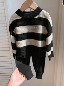 SHEIN 男婴/女婴 2 件套：复古英伦风格彩色条纹撞色圆领落肩毛衣和休闲百搭长裤，舒适简约的设计，适合居家和户外，秋冬季 - 彩色 - 查看 8