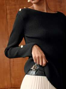 MOTF PREMIUM 纯羊毛金色纽扣细节肩部罗纹针织修身毛衣