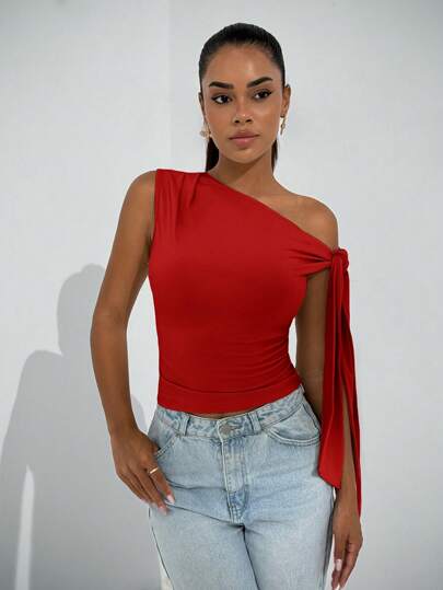 SHEIN BAE Women's Asymmetric Collar Oblique Shoulder Strappy Elegant Blouse, Suitable For Daily Dates, Trips, Nightclubs, Parties