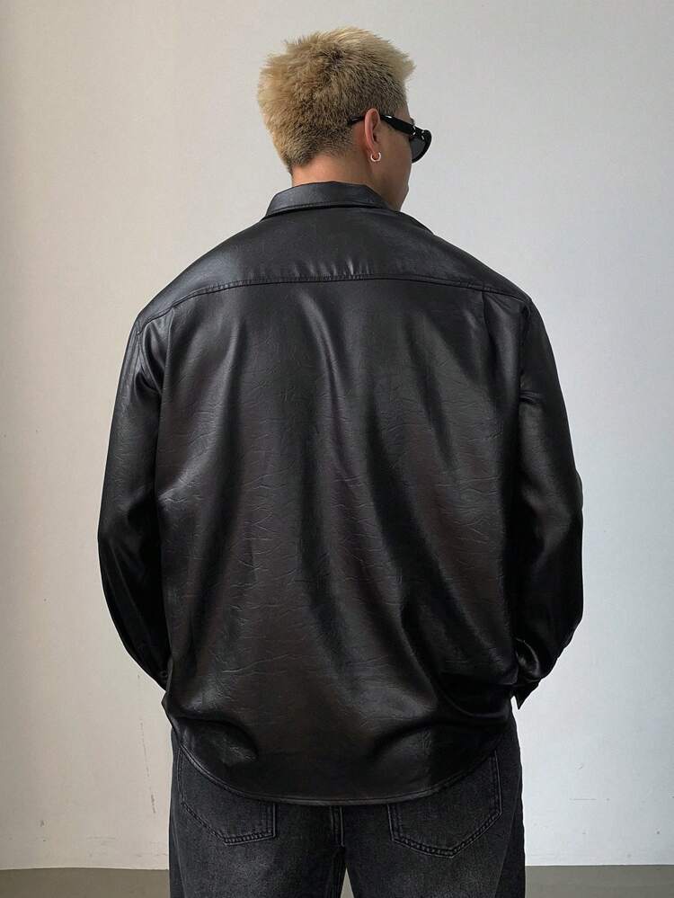 1pc Men Solid Color Long Sleeve Single Breasted Chest Pocket Shirt, Autumn