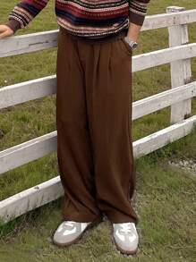 DAZY Pantaloni casual largi pentru bărbați, de culoare uni, plisați, pentru toamnă