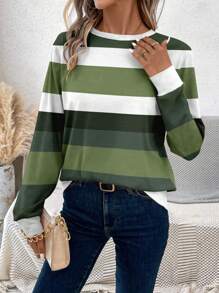 EMERY ROSE Casual Striped Patchwork Pattern Round Neck Long Sleeve Women T-Shirt, Spring & Autumn - Green - View 1