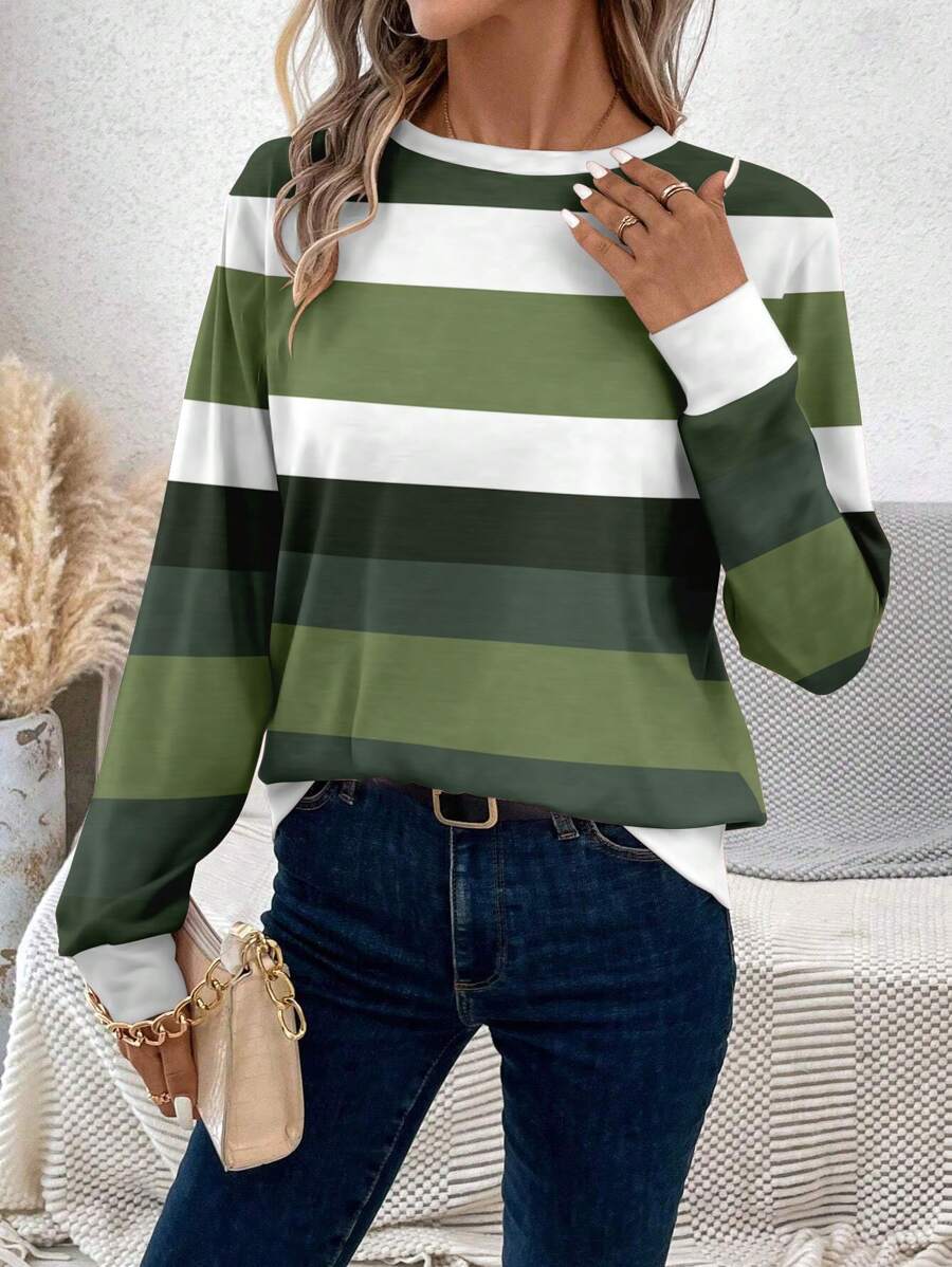 EMERY ROSE Casual Striped Patchwork Pattern Round Neck Long Sleeve Women T-Shirt, Spring & Autumn - Green - View 1
