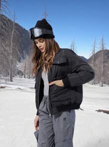 SHEIN EZwear Women's Solid Color Long Sleeve Utility Pockets Casual Baseball Padded Coat, Fall/Winter