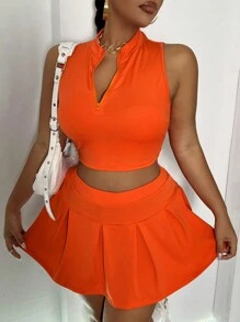 Maweii Ensemble de débardeur court moulant de couleur unie et mini-jupe, grande taille