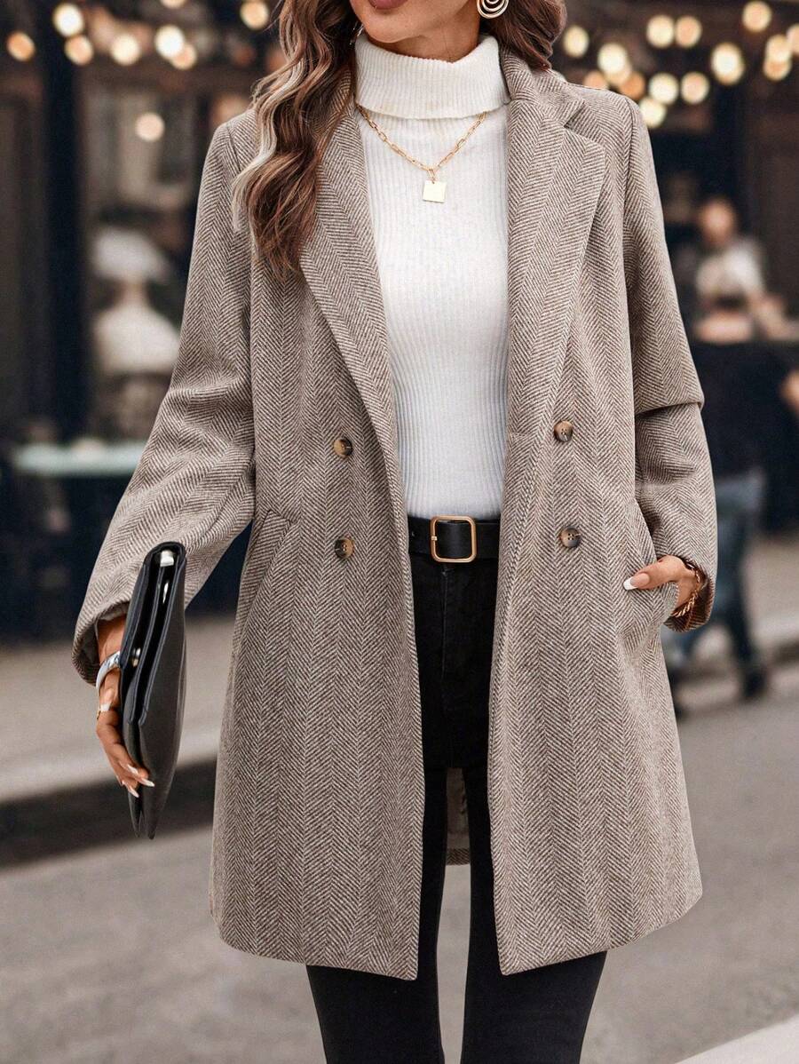 SHEIN Clasi Plus Size Women Herringbone Pattern Shawl Collar Double