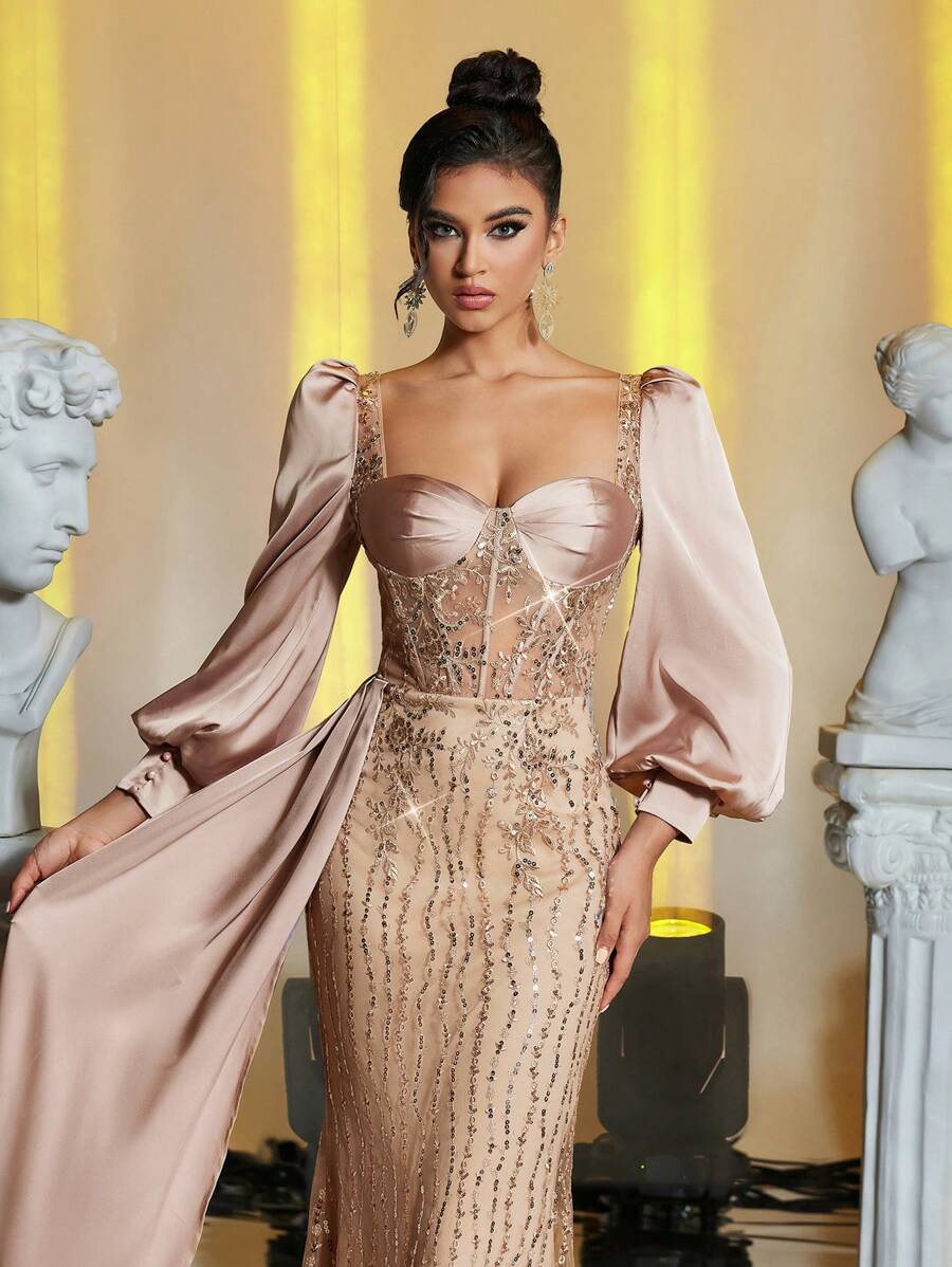 Glamrae Elegant & Luxurious Champagne Long Sleeve Satin Patchwork Embroidered Lace Sequin Mermaid Dress With Side Ruffles, Sexy Open Back With Tie, Suitable For Weddings, Parties, Galas, Formal Events (Heavily Embellished), Prom Evening Gown, For Wedding Guest, Graduation, Dinner, Party Dress - Champagne - View 1