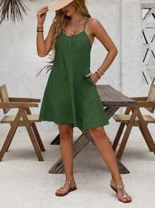 SHEIN LUNE Solid Color Casual Versatile Pocket Decorated Sleeveless Denim Dress