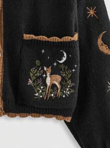 ROMWE Fairycore Chaqueta minimalista de talla grande con unicolor, parches, botones frontales y bordado de gráfico de ciervo, para invierno