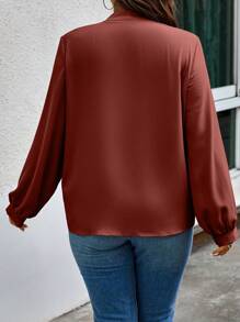 SHEIN Unity Plus Size Women's Solid Color Long Sleeve Tied Collar Loose Blouse, Elegant For Autumn Fall Cloth For Women - Redwood - View 2