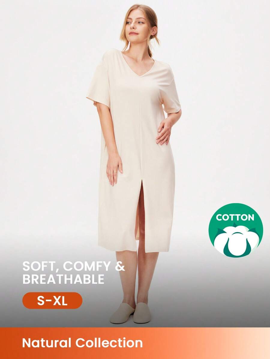 LUVLETTE Summer Soft Cotton And Modal Leisure Long Nightdress Women Lounge Sets Lingerie As Outerwear Summer Dresses For Women - Beige - View 1