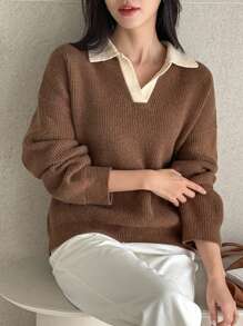 DAZY 1 pieza Jersey casual de mujer con bloqueo de color, hombro caído y manga larga, para otoño/invierno