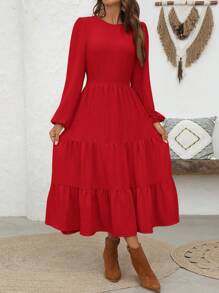 SHEIN VCAY 女士纯色灯笼袖休闲度假连衣裙 - 紅色 - 查看 5