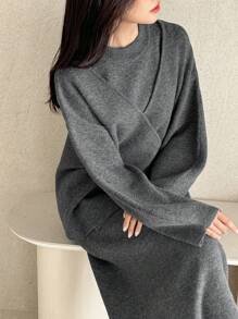 DAZY 2pcs Women's Asymmetrical Knitted Cardigan Set With Drawstring, Unique Design Gentle Style Sweater Outerwear, Autumn/Winter - Grey - View 1