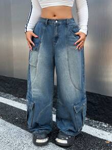 SHEIN ICON 大码女式街头风格性感修身蓝色直筒工装牛仔裤