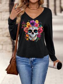 EMERY ROSE Áo thun tay dài cổ chữ V in họa tiết đầu lâu và hoa tối giản giản dị dành cho nữ, phù hợp cho mùa thu/đông - màu đen - Xem 2