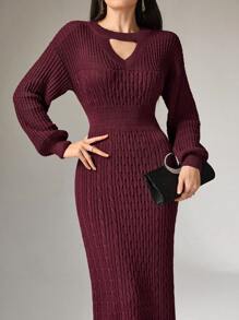 Heiryn Váy len dài tay khoét rỗng màu trơn đơn giản cho nữ, dáng ôm, thời trang thu đông - Màu Đỏ Sâu - Xem 6