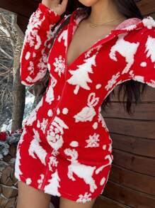 Muchica Áo khoác Giáng sinh Jacquard trùm đầu cho nữ mùa đông vừa vặn - Đỏ - Xem 3