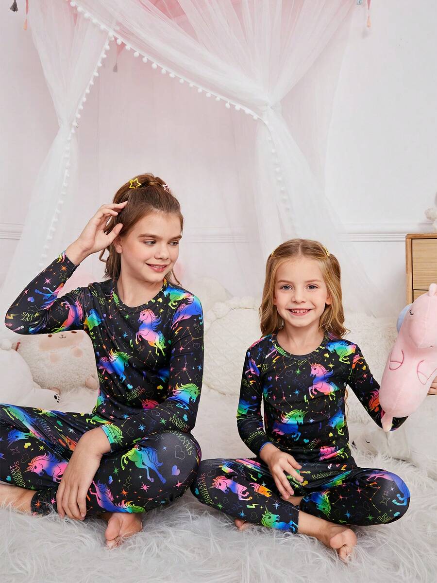 SHEIN Bộ đồ ngủ thoải mái thường ngày họa tiết kỳ lân hoạt hình cổ tròn ôm sát tay dài Raglan cho bé gái và quần dài phù hợp (Áo và quần được bán riêng) - Nhiều màu - Xem 1