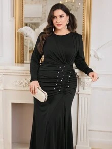 Modelyn Plus Size Solid Color Round Neck Long Sleeve Pleated Simple Short Casual Dress Long Evening Dresses