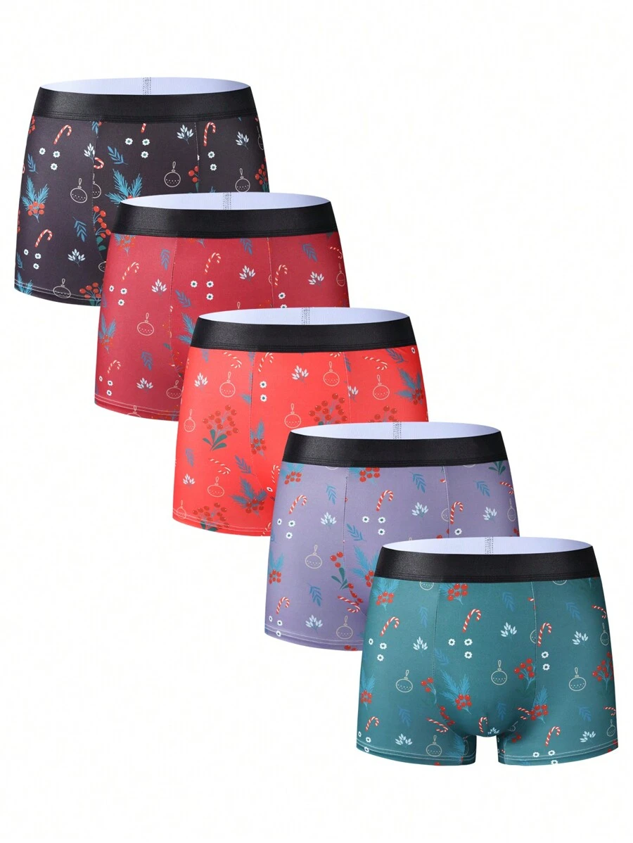 5pcs Pack Men's Printed Boxer Briefs, For Christmas - Multicolor - View 1