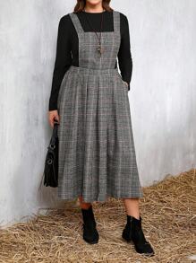 SHEIN LUNE 2pcs Plus Size Casual Solid Color Long Sleeve Top And Plaid Suspender Skirt Set, Autumn