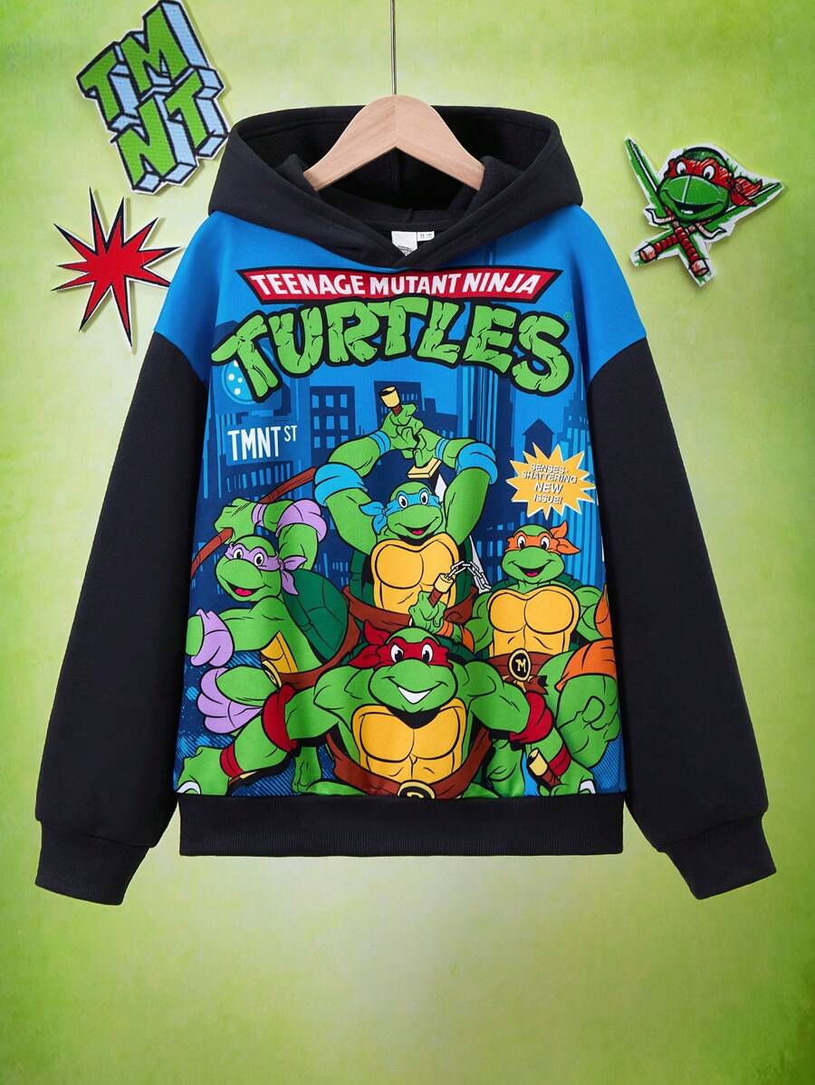 TEENAGE MUTANT NINJA TURTLES | SHEIN Tween Boy Cute Cartoon Turtle Print Drop Shoulder Loose Fit Hoodie Black Sweatshirt, Casual Winter/Autumn, For Christmas - Black - View 1