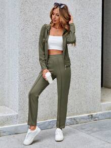 EURMUSE 女士 2 件套休闲链条装饰连帽上衣和长裤，秋季 - 軍綠色 - 查看 5