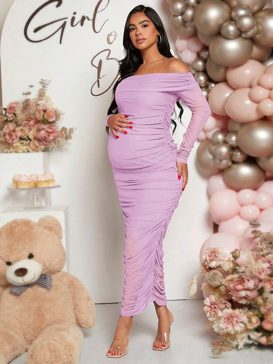 Loomaby 孕妇纯色露肩长袖褶皱修身优雅长裙，适合婴儿洗礼 - 紫丁香色 - 查看 1