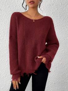 SHEIN VCAY Solid Color Asymmetrical Hem Casual Long Sleeve Pullover In Fall/Winter - Burgundy - View 5