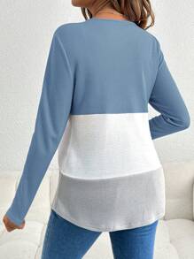 SHEIN 孕妇日常休闲哺乳服撞色圆领长袖 T 恤 - 霧霾藍 - 查看 2