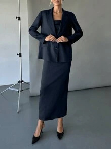 SHEIN Essnce Women Office Lady Suit Set With Leisure Blazer And Long Skirt,Business Casual Woman,Winter Clothes For Women,Fall Women Outfits,Winter Two Pieces Sets - Navy Blue - View 4