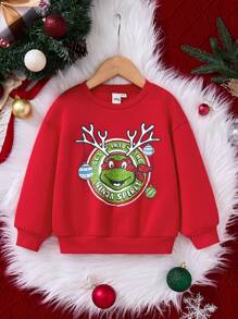TEENAGE MUTANT NINJA TURTLES | SHEIN Young Girl Red Christmas Graphic Letter Print Casual Round Neck Long Sleeve Sweatshirt - Red - View 1