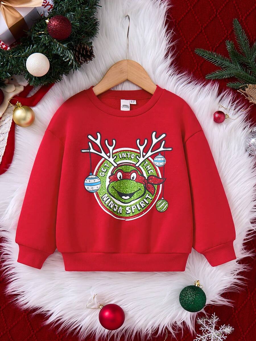 TEENAGE MUTANT NINJA TURTLES | SHEIN Young Girl Red Christmas Graphic Letter Print Casual Round Neck Long Sleeve Sweatshirt - Red - View 1