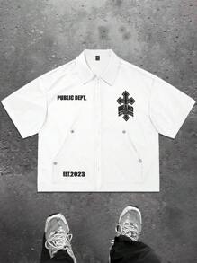 Manfinity EMRG Men's Casual Cross Print Loose Drop Shoulder Shirt, Summer - White - View 1