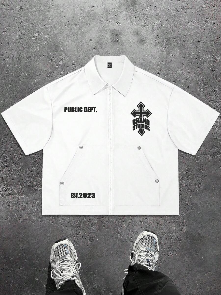 Manfinity EMRG Men's Casual Cross Print Loose Drop Shoulder Shirt, Summer - White - View 1