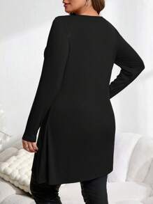 EMERY ROSE Plus Size Long Sleeve Red Asymmetrical Hem Button Down Long Tee , Fall Women Clothes - Black - View 2