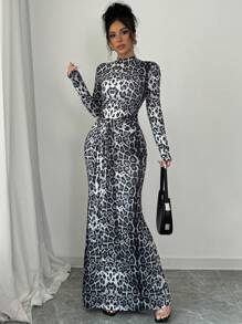 Rafferiza 2024 Autumn/Winter New Arrival Elegant Stand Collar Tied Leopard Print Mermaid Dress Maxi Women Outfit