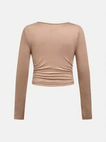 SHEIN 3pcs/Set Tween Girls Casual Minimalist Comfortable Solid Color V-Neck Ruched Waist Long Sleeve T-Shirts - Pink - View 3