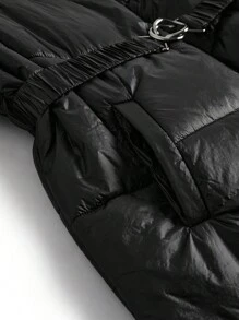 Flirla Cappotto imbottito con colletto alto, cappuccio, maniche lunghe, con cintura, tasche con zip, colore nero, abbigliamento invernale casual