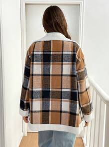 SHEIN Essnce Abrigo holgado a cuadros cálido de talla grande para mujeres en otoño e invierno, ropa de mujer de invierno, abrigos térmicos para tiempo frío, prendas de vestir para clima frío