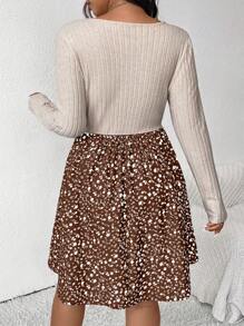 SHEIN Frenchy 大码女式碎花拼布圆领长袖休闲连衣裙，秋季，针织连衣裙，杏色连衣裙，度假连衣裙