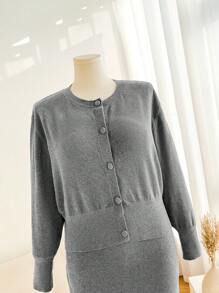 SHEIN Frenchy 大码纯色前扣长袖上衣和 A 字裙两件套休闲套装