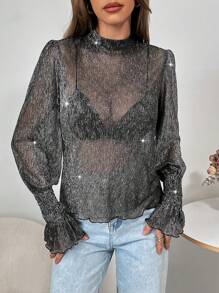 SHEIN Essnce Sexy Long Sleeve Tops Sexy Black Top Women's Autumn Fashionable Glittering See-Through Puff Sleeve T-Shirt