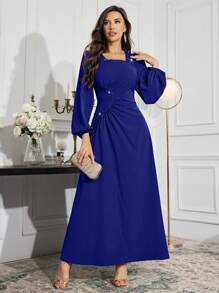 Modelyn Women's Solid Color Square Collar Rhinestone Ruched Long Sleeve Arabian Modest Dress Long Evening Dresses - Blue - View 1
