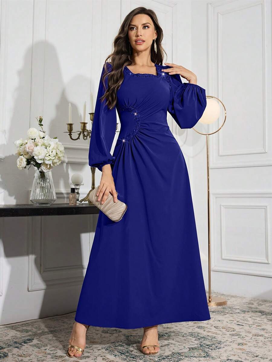 Modelyn Women's Solid Color Square Collar Rhinestone Ruched Long Sleeve Arabian Modest Dress Long Evening Dresses - Blue - View 1
