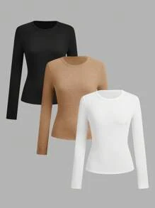 SHEIN EZwear 3pcs Women Y2K Basic Slim Fit Long Sleeve Button-Up Shirt Set