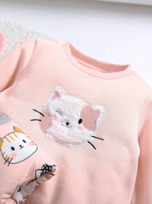 SHEIN 3pcs Baby Girl Cute Pink Cat Pattern Warm Fleece Hooded Jacket & Pants Set, Autumn/Winter
