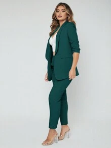 SHEIN SXY Plus Size Women's Solid Color Long Sleeve Casual Suit Set For Commuting - Dark Green - View 5